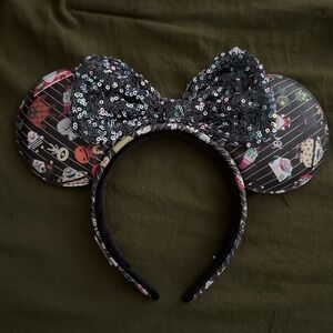 Disney Nightmare Before Xmas Black Sequin Bow Leather Minnie Ears Headband